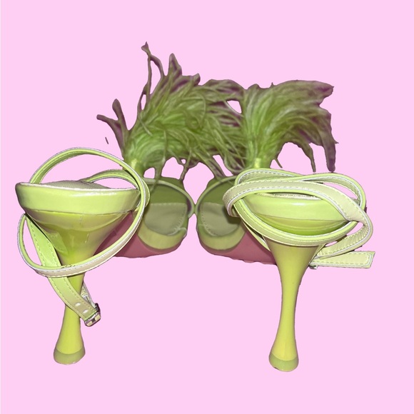 Neon Green Fluffy Feather Ankle Straps Heels - Picture 4 of 7